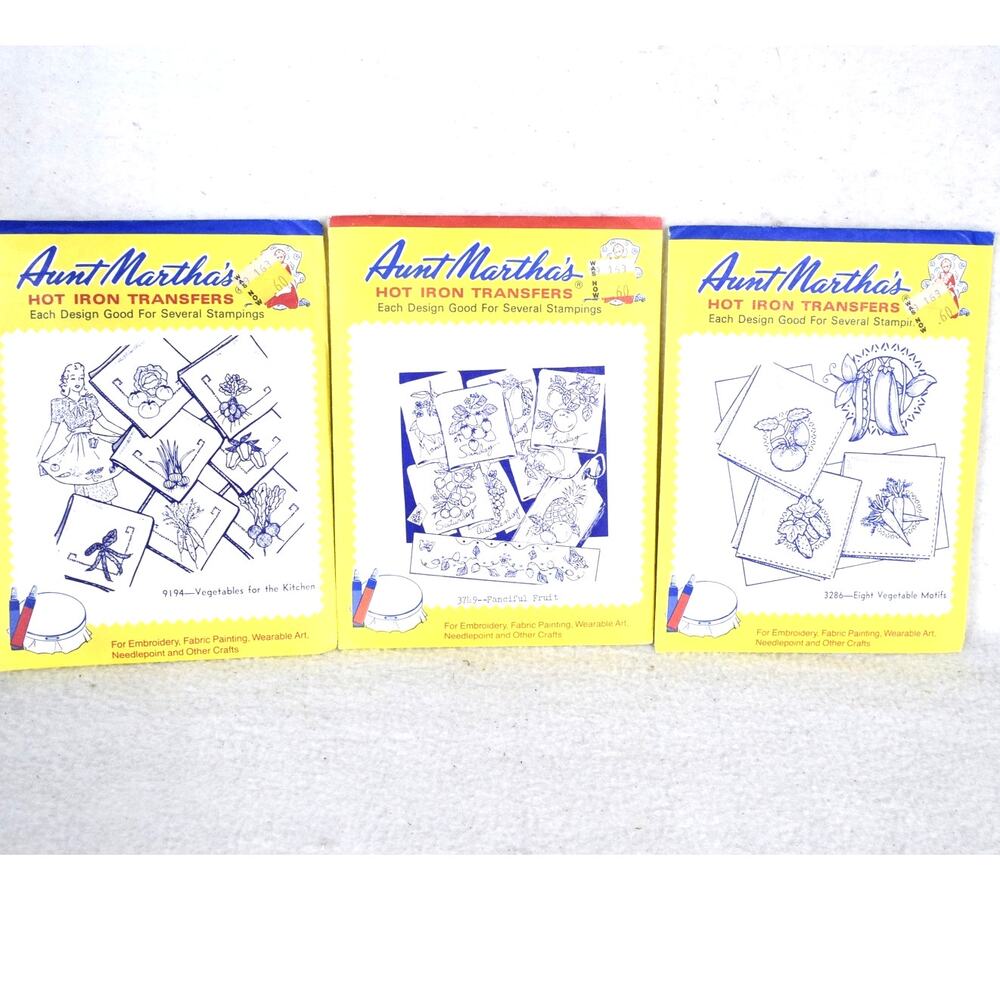 3 Aunt Martha's Hot Iron Transfers Vegetables & Fruit Designs Partially Used